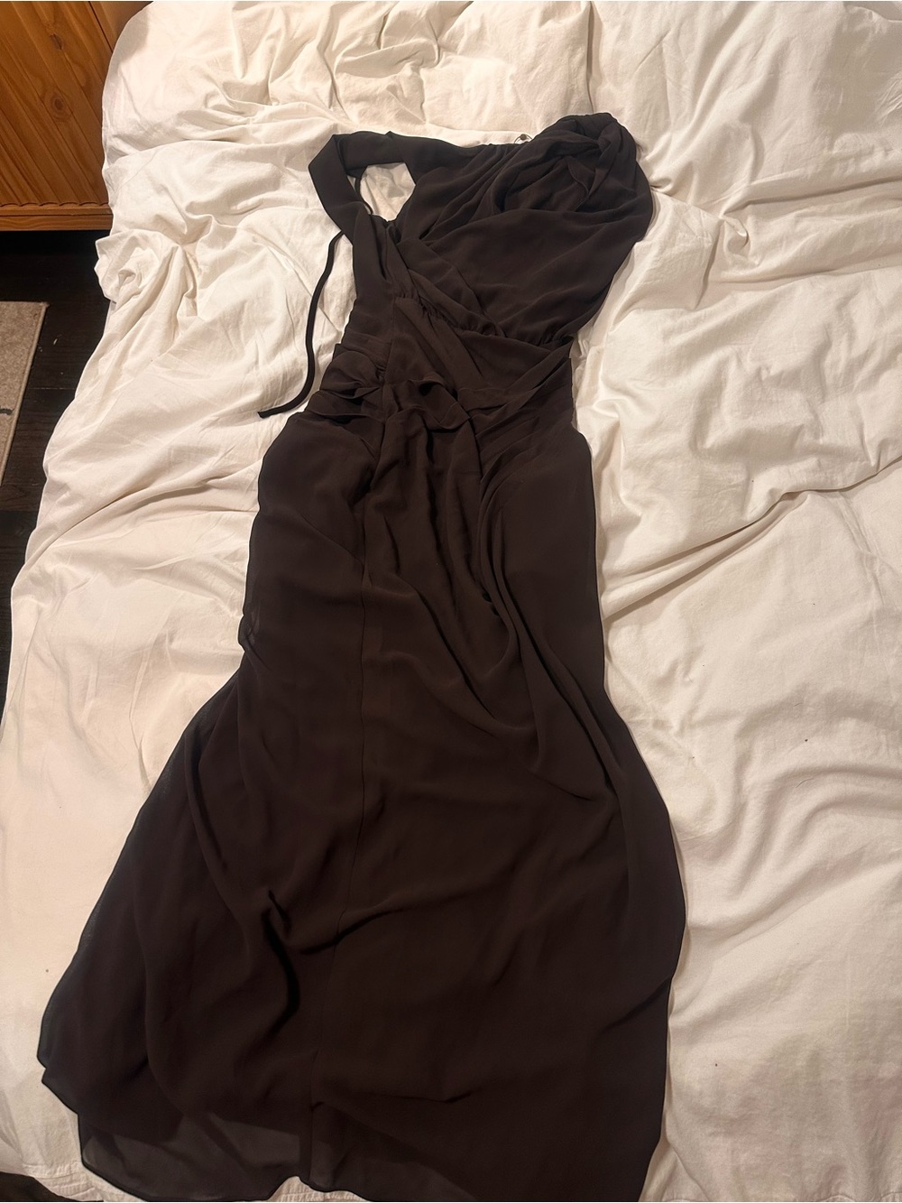 Meshki Oria Chiffon Maxi Dress (S) - Brown Draped Sleeveless Evening Gown - Picture 6 of 6